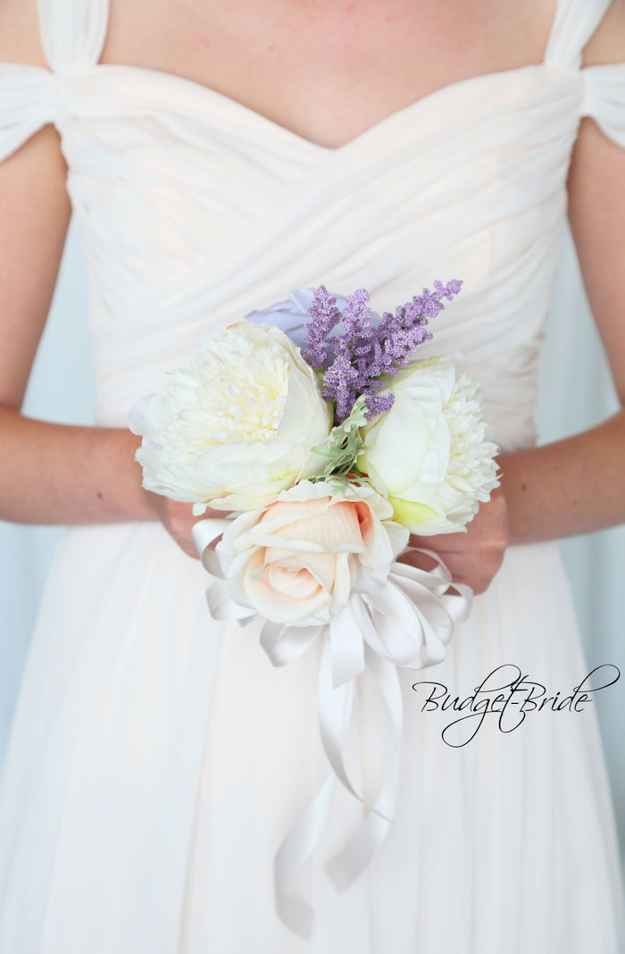 Peach and Dusty Lavender Silk Wedding Bouquet   - $65.00 | Christian