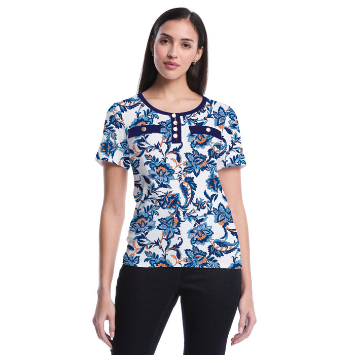 Petite Botanical Welt Pocket Button Detail Top (True Blue)