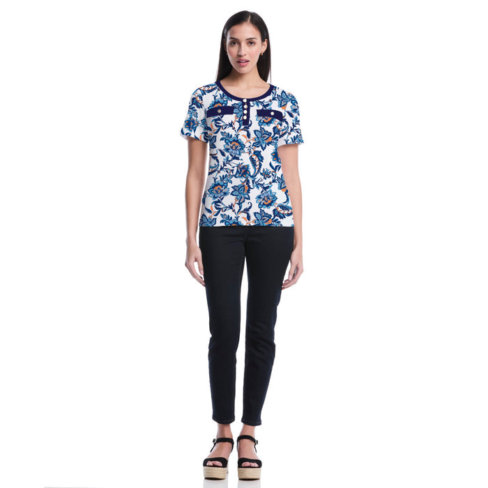 Petite Botanical Welt Pocket Button Detail Top (True Blue)