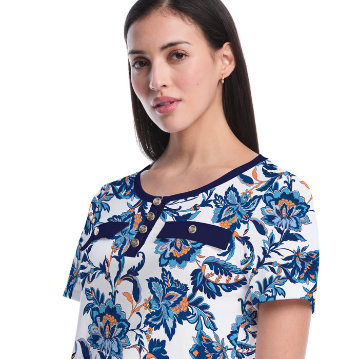 Petite Botanical Welt Pocket Button Detail Top (True Blue)