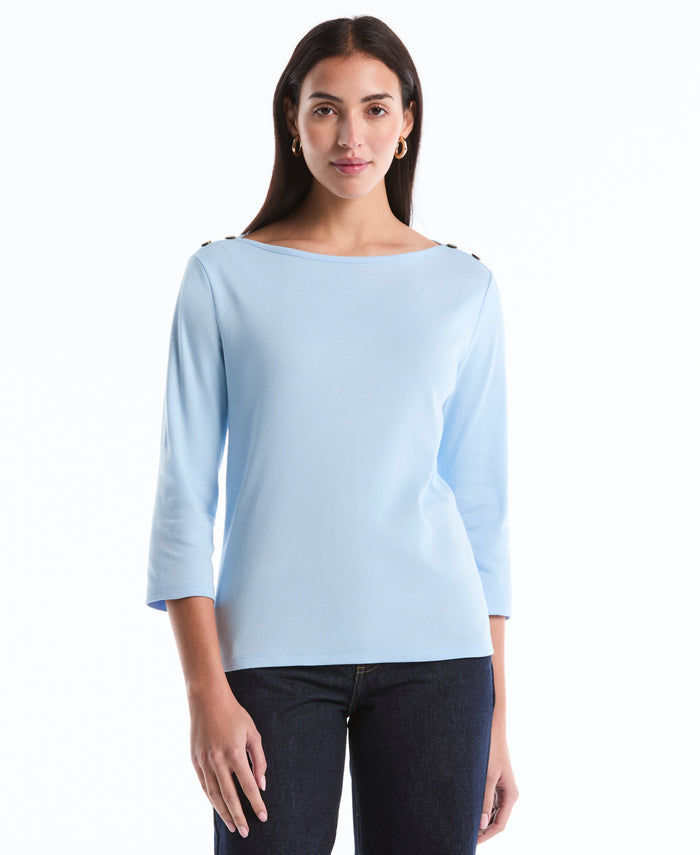 Button Detail 3/4 Sleeve Top (Cerulean)