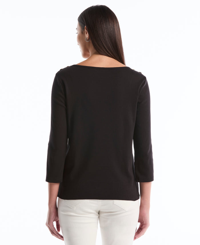 Button Detail 3/4 Sleeve Top (Black)
