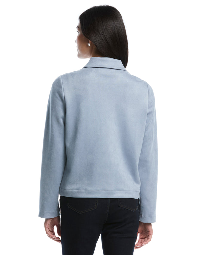 Petite Collarless Patch Pocket Scuba Suede Jacket (Blue Blizzard)