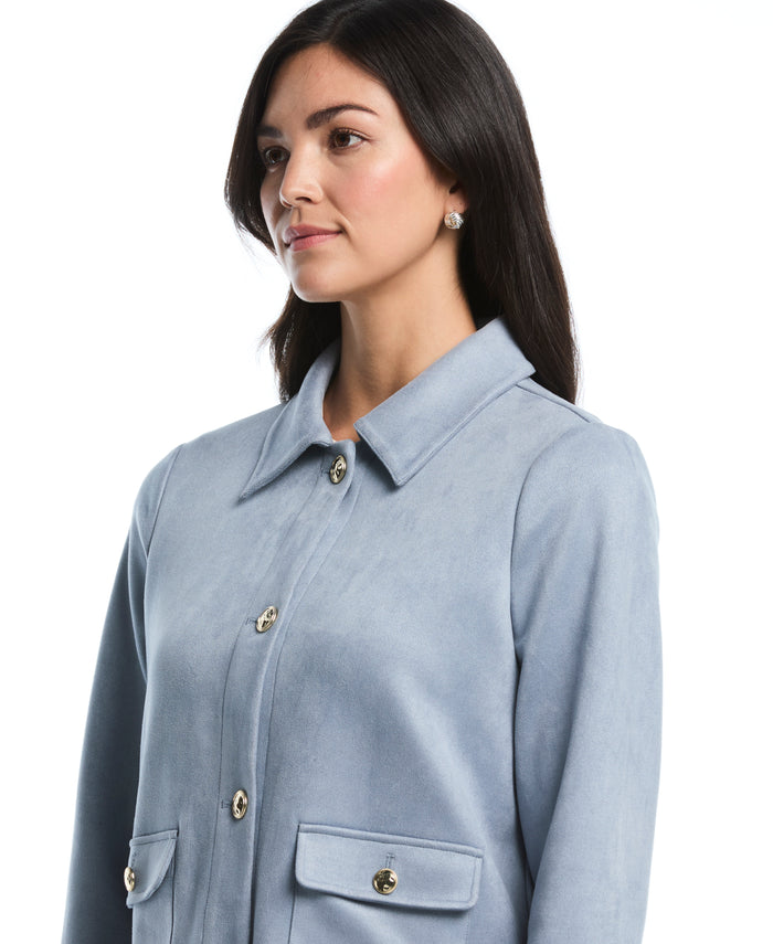 Petite Collarless Patch Pocket Scuba Suede Jacket (Blue Blizzard)
