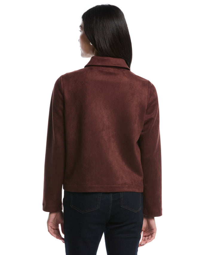 Petite Collarless Patch Pocket Scuba Suede Jacket (Brown Stone)