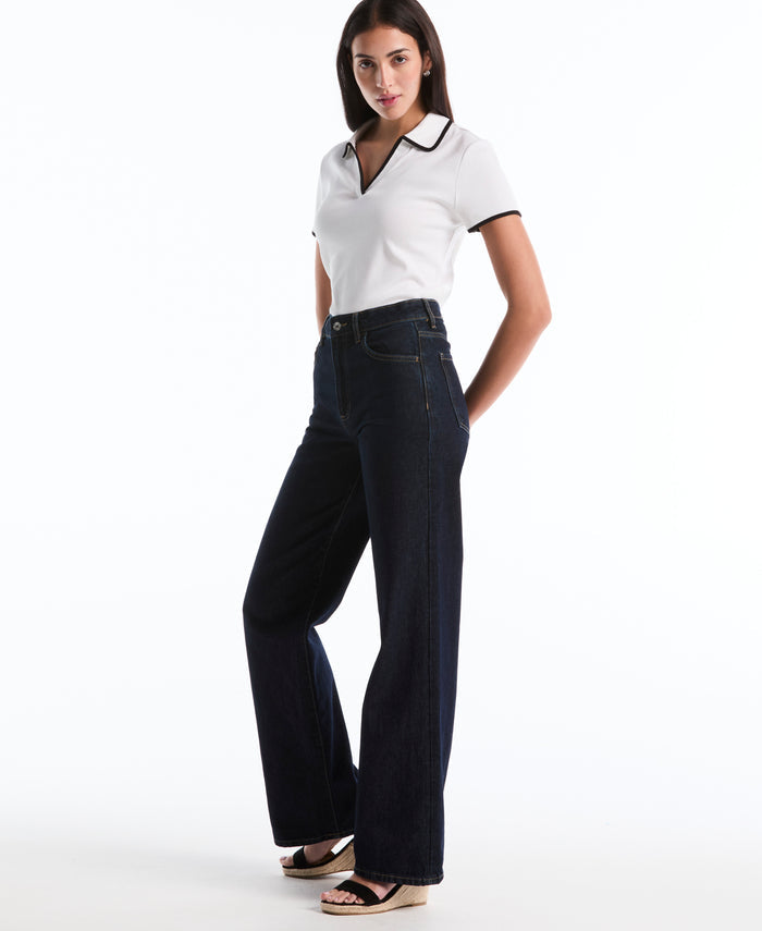 Contrast Trim Johnny Collar Polo (White)