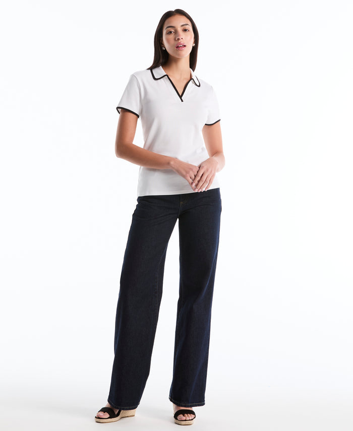 Contrast Trim Johnny Collar Polo (White)