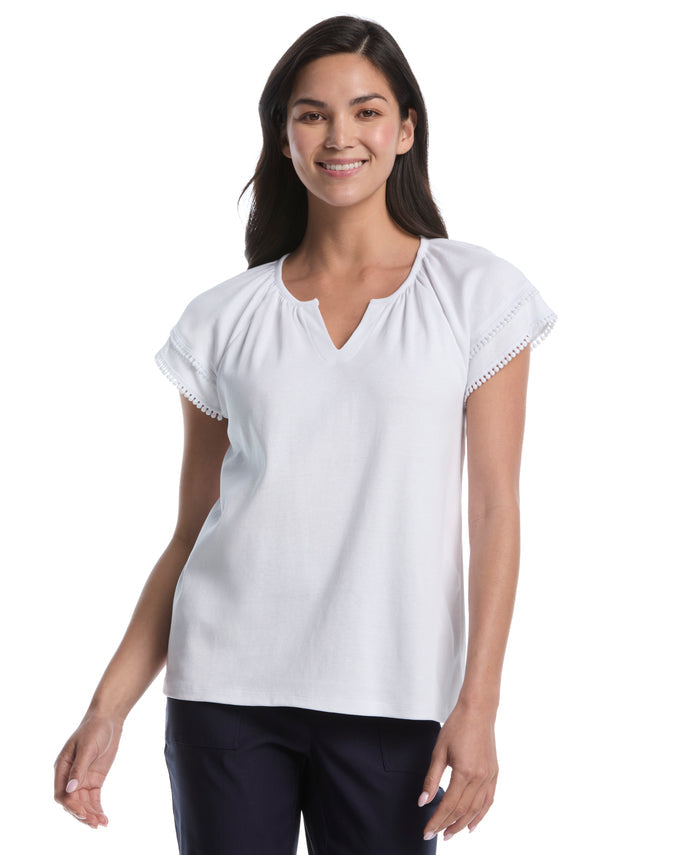 Petite Eyelet Flutter Sleeve Split Neck Top (White)