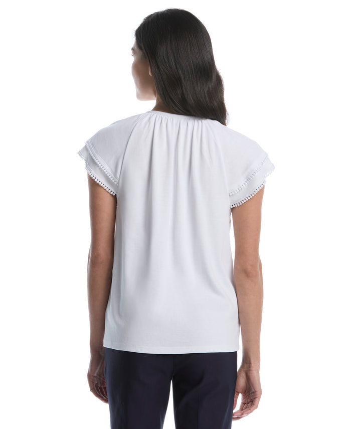 Petite Eyelet Flutter Sleeve Split Neck Top (White)
