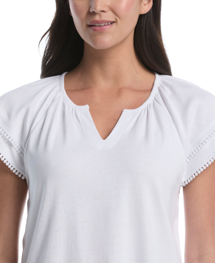 Petite Eyelet Flutter Sleeve Split Neck Top (White)