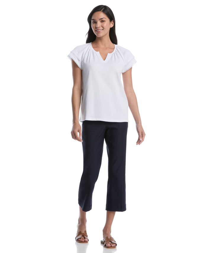 Petite Eyelet Flutter Sleeve Split Neck Top (White)
