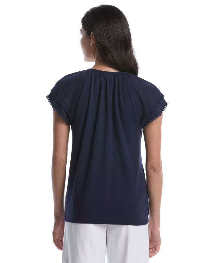 Petite Eyelet Flutter Sleeve Split Neck Top (Peacoat)