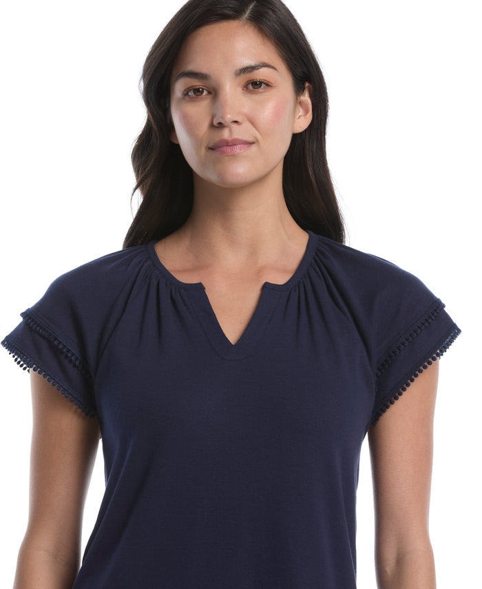 Petite Eyelet Flutter Sleeve Split Neck Top (Peacoat)