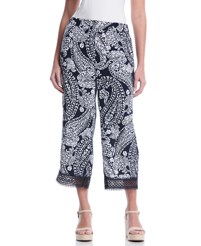 Petite Paisley Crochet Trim Pant (Peacoat)