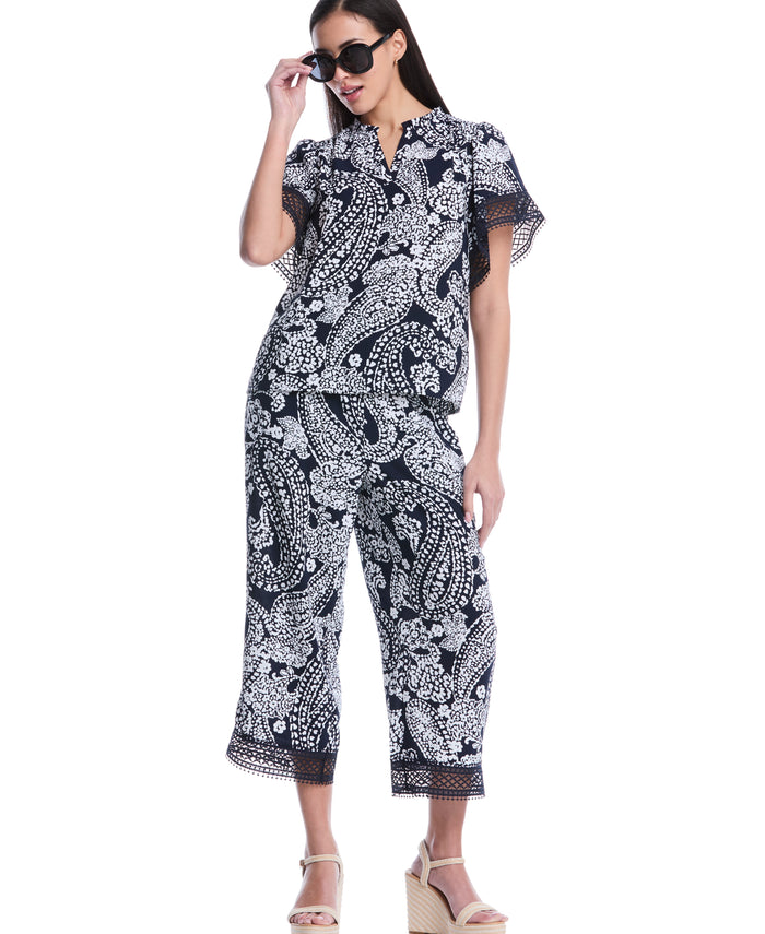 Petite Paisley Crochet Trim Pant (Peacoat)