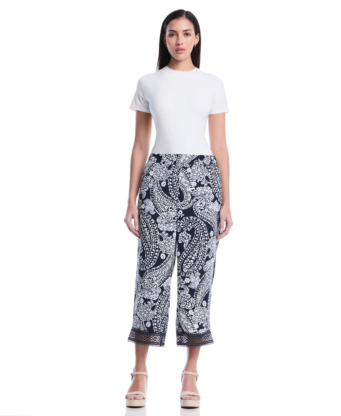 Petite Paisley Crochet Trim Pant (Peacoat)
