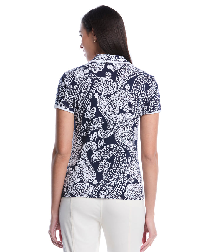 Petite Paisley Print Contrast Trim Johnny Collar Polo (Peacoat)