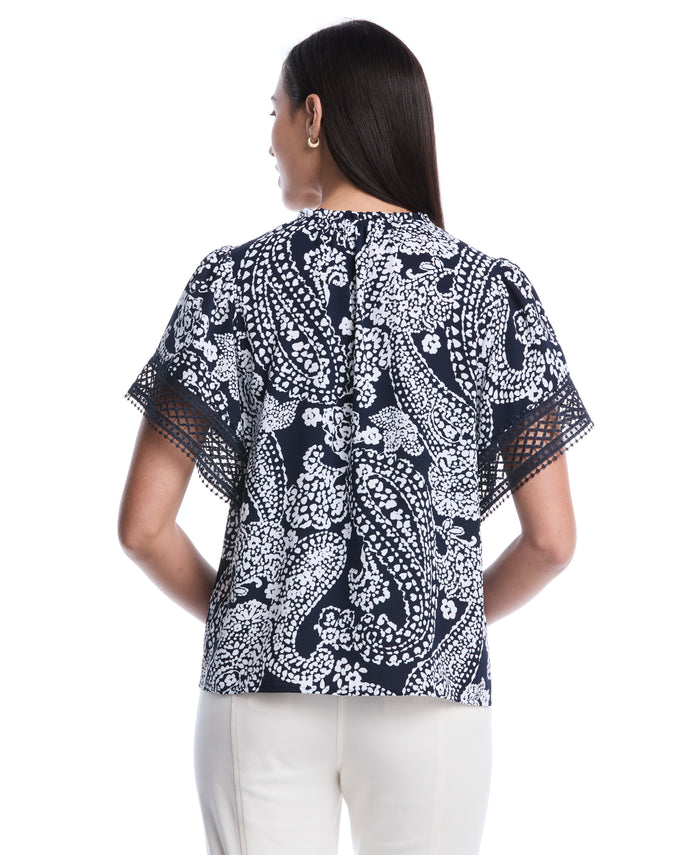 Petite Paisley Print Flutter Lace Sleeve Blouse (Peacoat)