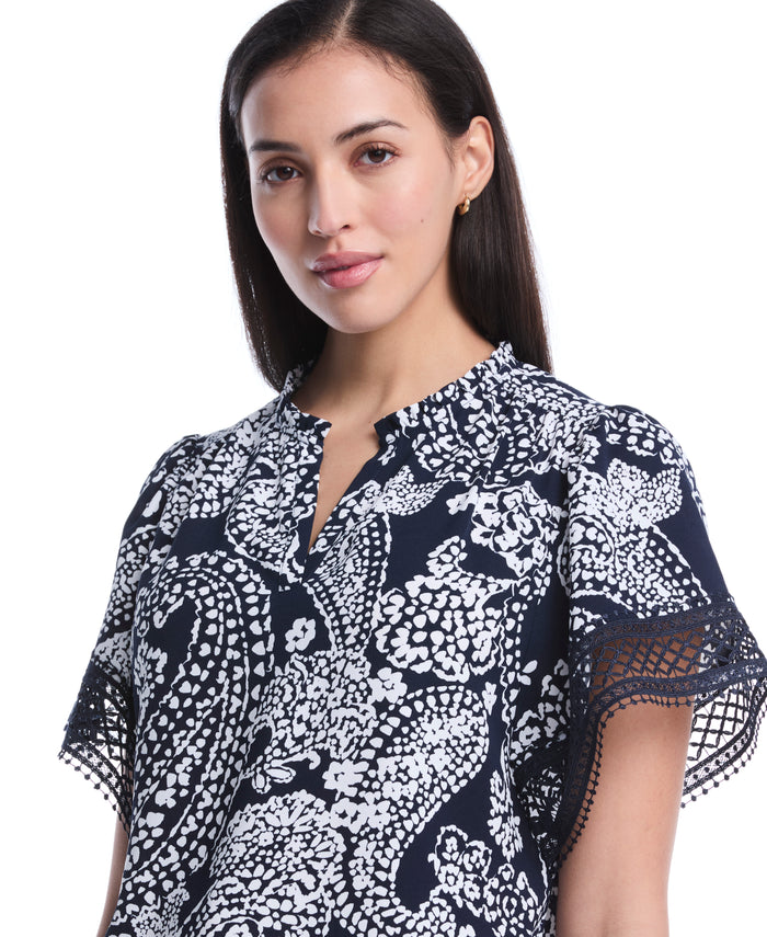 Petite Paisley Print Flutter Lace Sleeve Blouse (Peacoat)