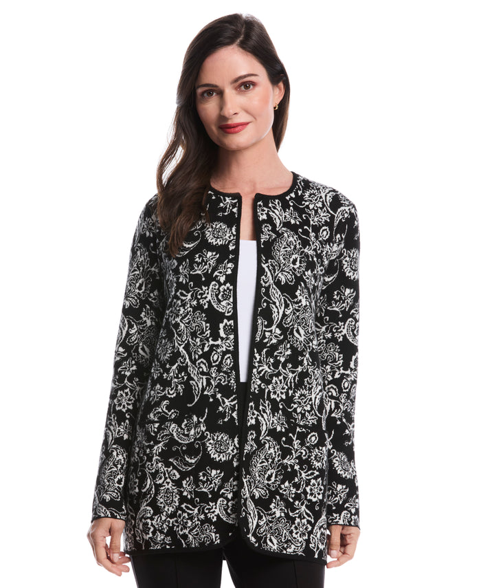 Paisley Print Patch Pocket Open Cardigan (Black)