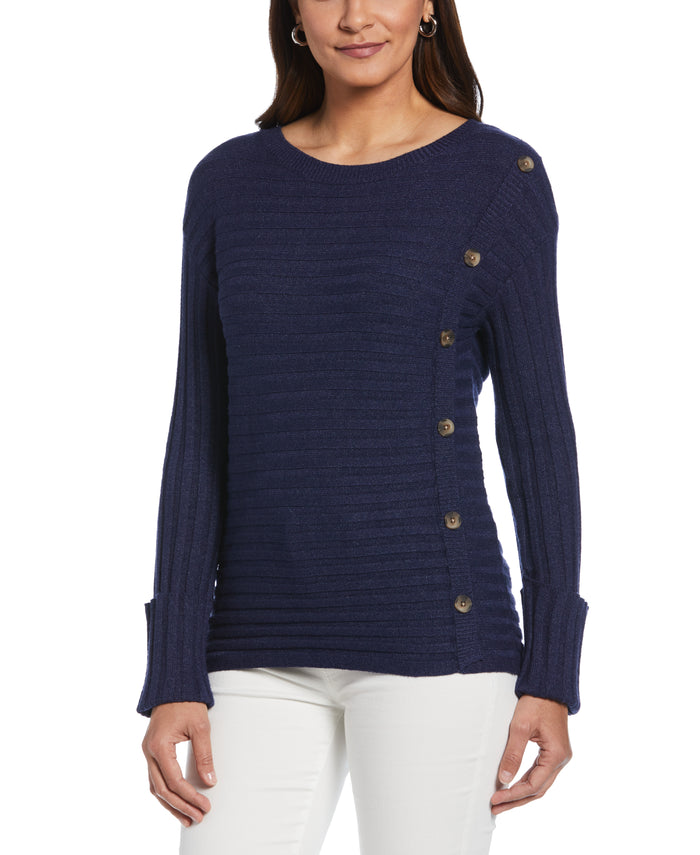 Ribbed Sweater with Button Detail (Peacoat Heather)