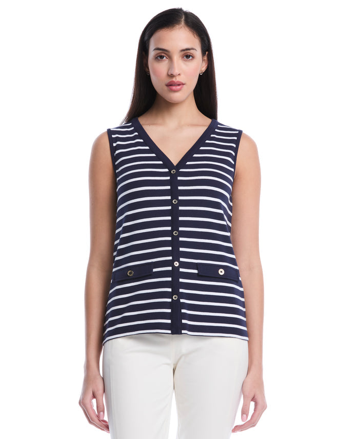 Petite Striped Button Front Tank Top (Peacoat)