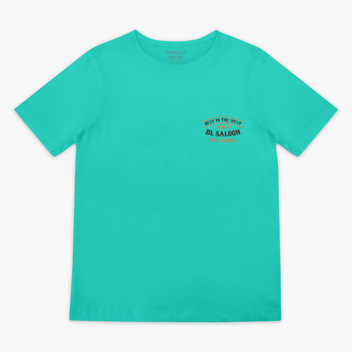 Teal t-shirt with 'Best in the west BL Saloon Philadelphia' text on a white background