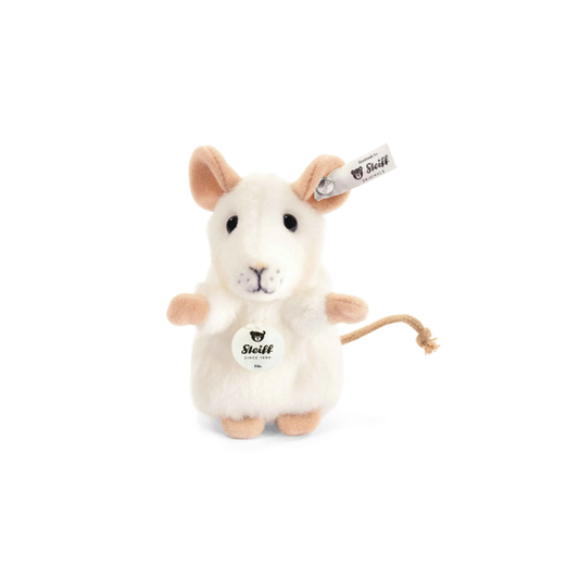 Plush mouse toy, white fur with brown ears, stitched face and small tail, Steiff tag