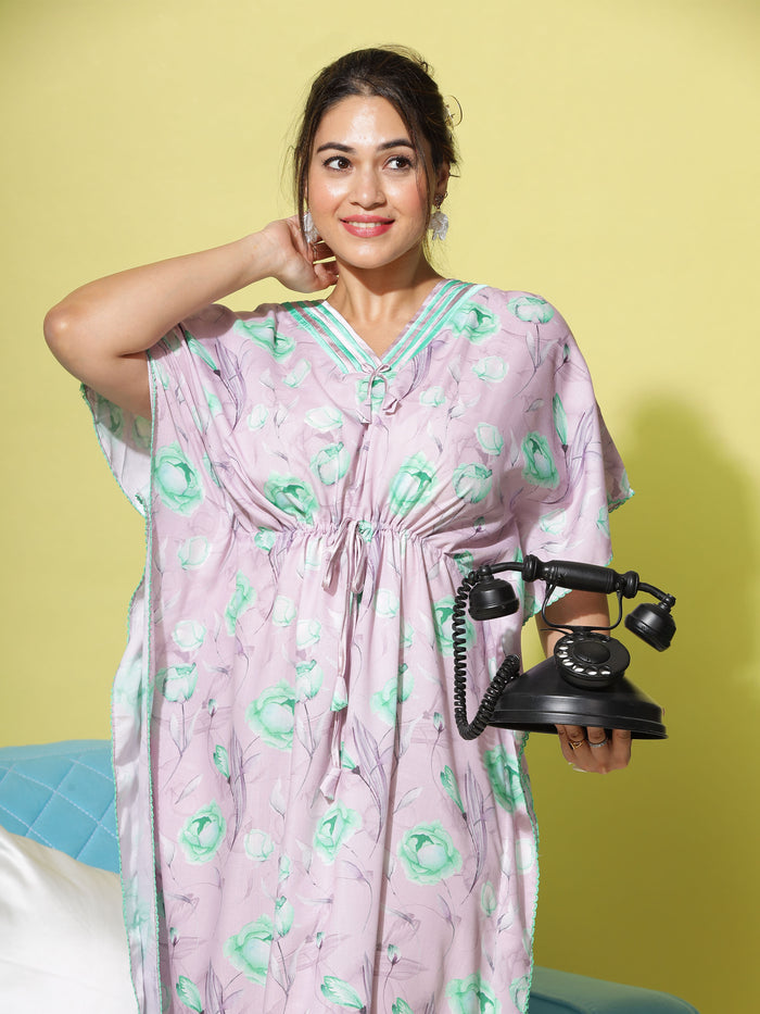 Pink Green Poly Viscose Kaftan Nightdress for Women