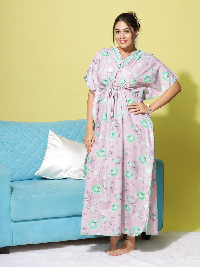 Pink Green Poly Viscose Kaftan Nightdress for Women