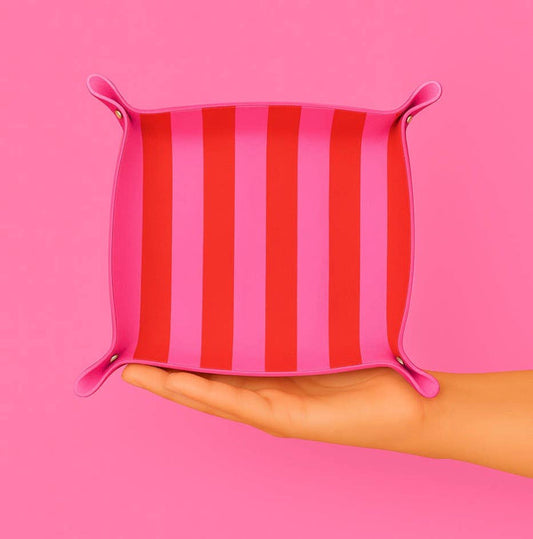 Pink and red striped Aspen Lane trinket tray with a rectangular shape, perfect for organizing jewelry and small accessories.