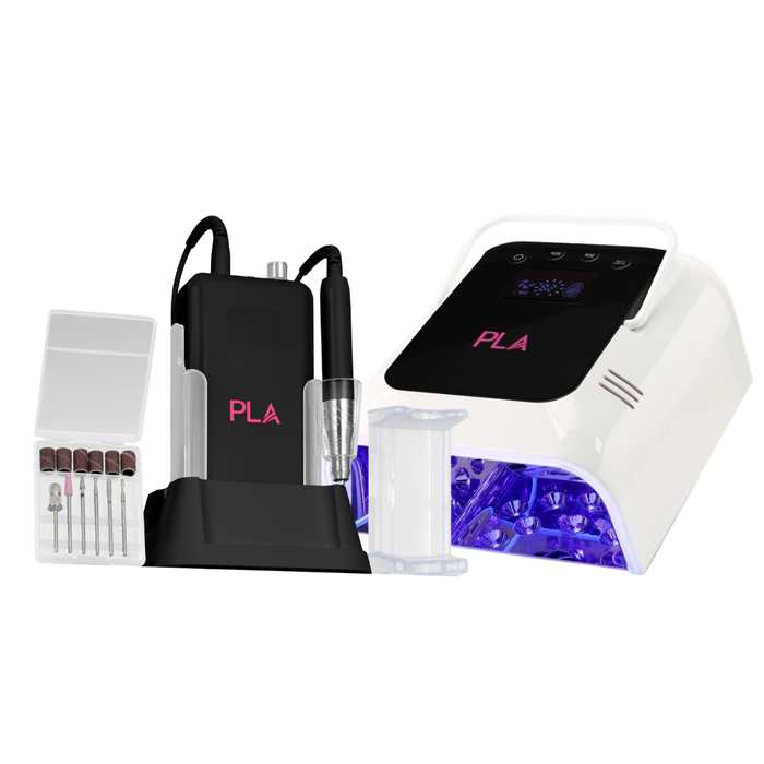 PLA nail drill kit with a white UV lamp, black drill motor, clear acrylic stand, clear acrylic cup, and six drill bits in a clear case, shown on a white background.