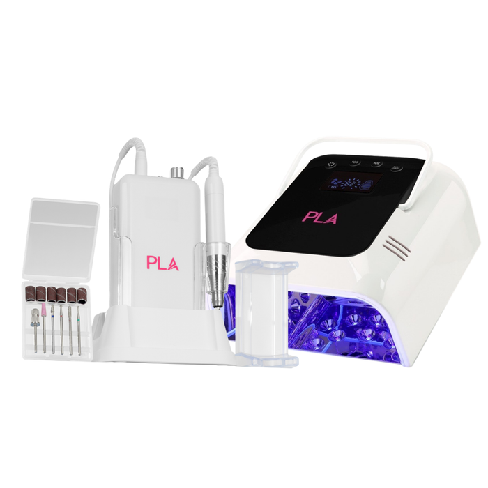 White electronic nail treatment kit with a digital lamp, pen device, drill bits, and clear cup on a white background.