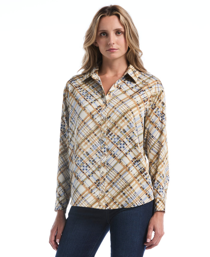 Plaid Print Drop Shoulder Novelty Button Blouse (Oatmeal)