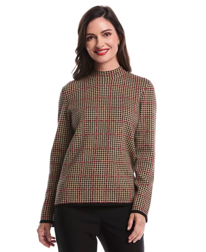 Plaid Print Mock Neck Sweater (Rio Red)