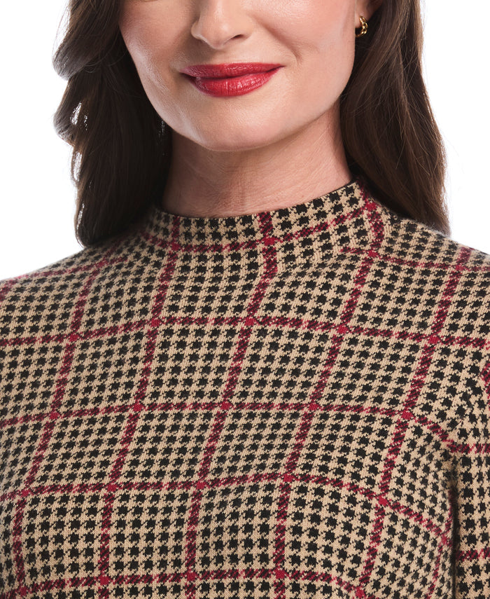Plaid Print Mock Neck Sweater (Rio Red)