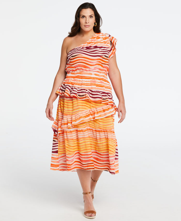 Plus Size 100% Cotton One Shoulder Ruffle Midi Dress (Flame)