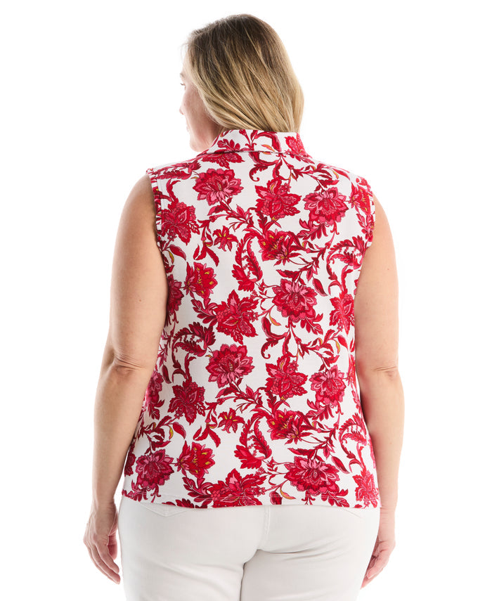 Plus Size Botanical Print Ruffle Trim Polo (Raspberry)