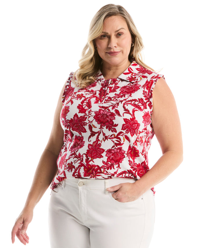 Plus Size Botanical Print Ruffle Trim Polo (Raspberry)