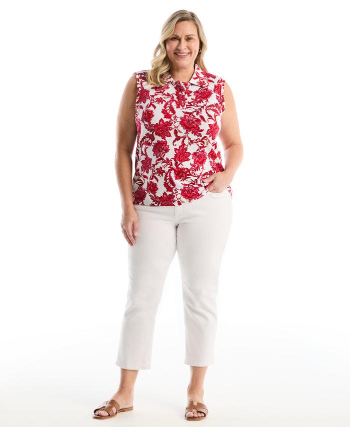 Plus Size Botanical Print Ruffle Trim Polo (Raspberry)