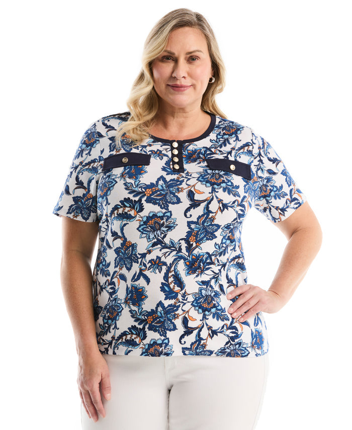 Plus Size Botanical Welt Pocket Button Detail Top (True Blue)