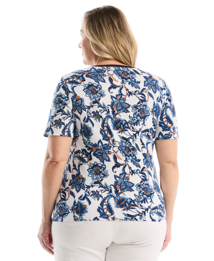 Plus Size Botanical Welt Pocket Button Detail Top (True Blue)