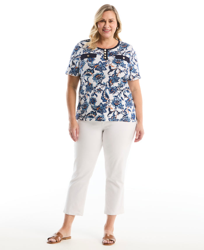 Plus Size Botanical Welt Pocket Button Detail Top (True Blue)