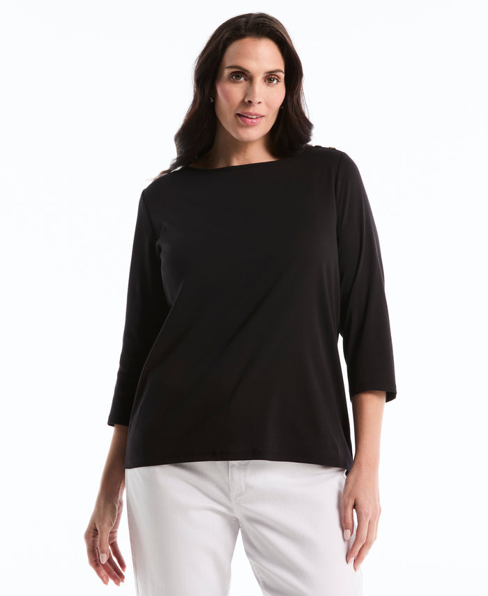 Plus Size Button Detail 3/4 Sleeve Top (Black)