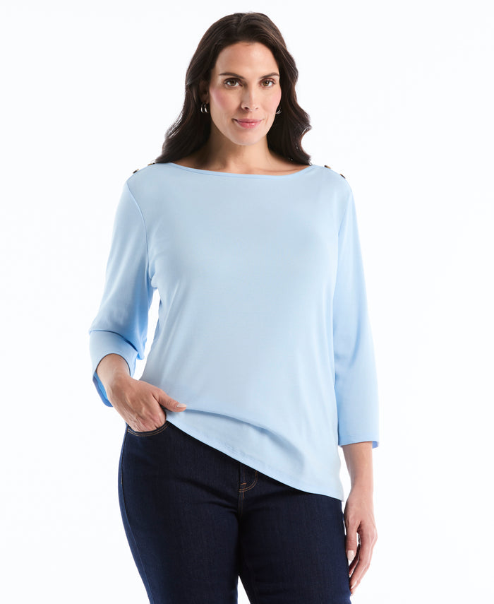 Plus Size Button Detail 3/4 Sleeve Top (Cerulean)