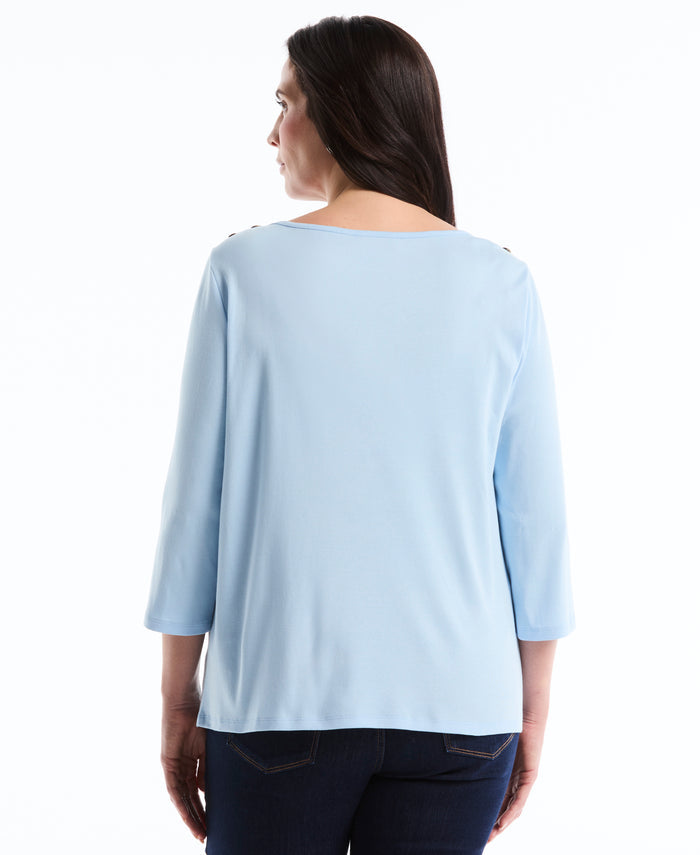 Plus Size Button Detail 3/4 Sleeve Top (Cerulean)