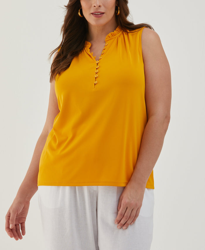 Plus Size Button Front Ruffle Tank Top (Golden Glow)