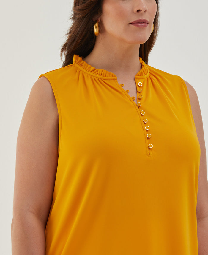 Plus Size Button Front Ruffle Tank Top (Golden Glow)
