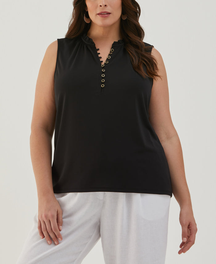 Plus Size Button Front Ruffle Tank Top (Black)