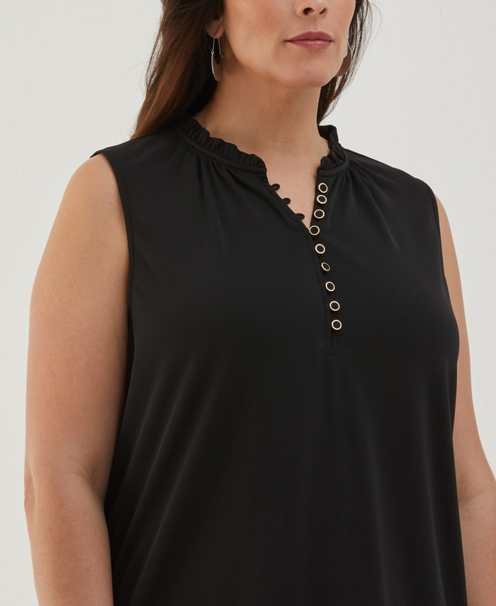 Plus Size Button Front Ruffle Tank Top (Black)